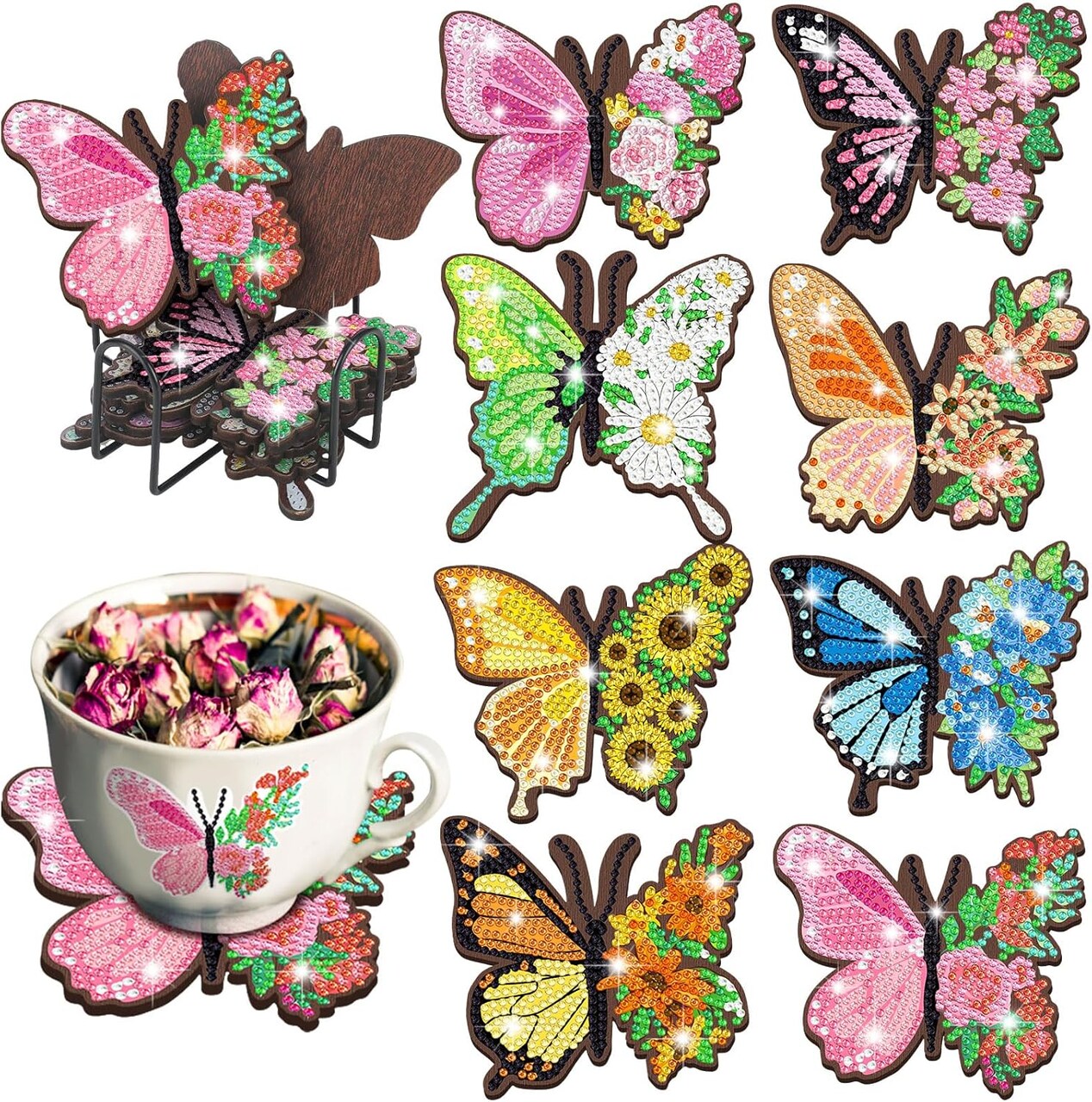 Diamond Painting Coasters Kit with Holder Diamond Art for DIY Beginners Adults Kids Craft Supplies Gift Drinks(Butterfly)